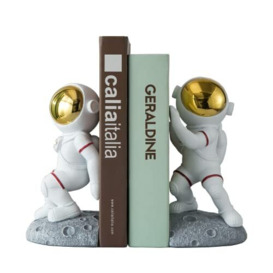 Banllis Space Theme Bookends for Shelves, Astronaut Moon Book Ends for Kids Room, Decorative Planet Book Stoppers to Hold Books Heavy Duty, Unique Boys and Girls Gift (Gray)