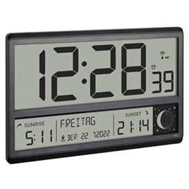 TFA Dostmann XL Radio Wall Clock 60.4524.01 with Sunrise and Sunset, Alarm, Large Digits, Moon Phases, Silent, Black