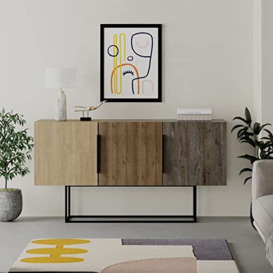 HOCUS PICUS Modern Design Sideboard for Living Room Dining Room Multipurpose with 3 Doors Display Unit Sturdy Metal Legs Storage Cabinet Office (Oak Effect-Dark Coffee)