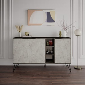 HOCUS PICUS Modern Sideboard Unit with 3 Doors Storage Cabinet and 3 Cube Shelf Display Cupboard Furniture Table for Living Room, Office, Lounge and Hallway, Dark Coffee-Gold Marble Effect