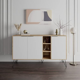 HOCUS PICUS Modern Sideboard Unit with 3 Doors Storage Cabinet and 3 Cube Shelf Display Cupboard Furniture Table for Living Room, Office, Lounge and Hallway, Oak White