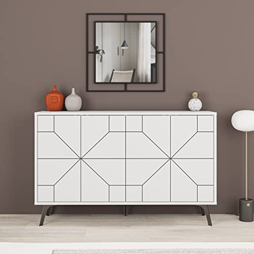 HOCUS PICUS Modern Sideboard with 4 Doors Storage Cabinet for Living Room, Dining Room, Office, Easy Assembly and Multipurpose Design Display Unit Sturdy Multicolor Options (White)