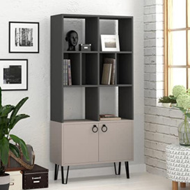 HOCUS PICUS Modern Bookcase with 6 Open Cubes Shelves and 2-Door Storage Cabinet for Books Tall Wooden Bookshelf Display Unit Organiser for Home, Office, Bedroom Living Room (Anthracite-Light Mocha)