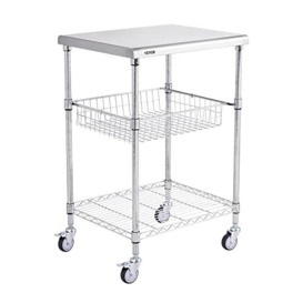 VEVOR Kitchen Utility Cart, 3 Tiers, Wire Rolling Cart with 470LBS Capacity, Steel Service Cart on Wheels, Metal Storage Trolley with 76mm Basket Curved Handle PP Liner 6 Hooks, for Indoor and Outdoor