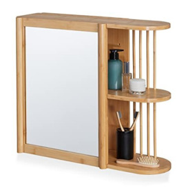 Relaxdays Wall Shelf with Mirror, Bamboo, 2 Half Open Shelves, 53x62x20 cm, Bathroom, Hanging, Cabinet, Natural Wood, Glass