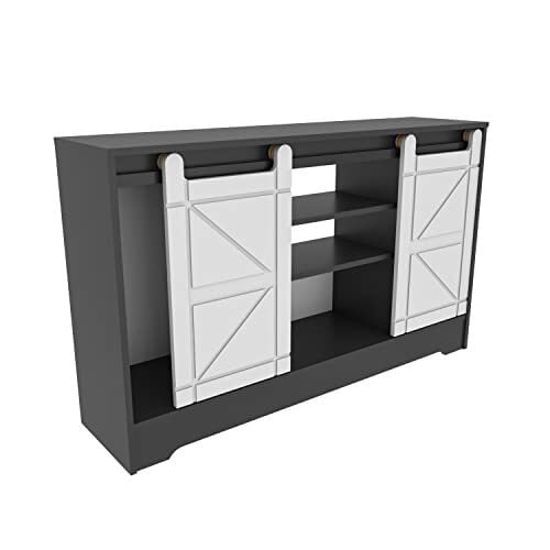 DECOROTIKA - Ahris Sliding Doors TV Stand TV Unit TV Cabinet for TVs up to 63 inches (Grey and White)