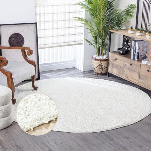 Surya Home Shaggy Rug - Modern Area Rugs Living Room, Dining Room, Soft Shaggy Rugs for Bedroom - Abstract Fluffy Rug, Easy Care Plush Pile - Large Round Rug 200x200 cm, White Rug