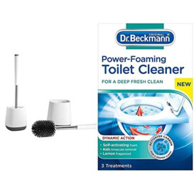 [Upgraded] Toilet Brush with Drainage Holder Set,Flex Silicone Anti-Clog Anti-Drip Brush Head, White/Grey Colour with Stainless Steel Handle, 1-Pack & Dr. Beckmann Power-Foaming Toilet Cleaner, 300 g
