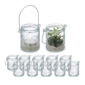 Relaxdays Candle Lanterns, Set of 12, Glass, Metal Handle, Indoors & Outdoors, Tealight Holders, 7 x 6 cm, Clear/Silver