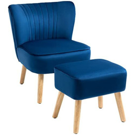HOMCOM Velvet Accent Chair Occasional Tub Seat Padding Curved Back with Ottoman Wood Frame Legs Home Furniture Dark Blue