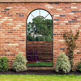 "MirrorOutlet The Arcus - Antique Black Framed Window Modern Full Length Arched Garden Mirror 71"" X 33.5"" (180CM X 85CM) Silver Mirror Glass with Black All weather Backing."