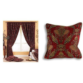 Paoletti Shiraz Pencil Pleat Curtains (Pair), Burgundy Red and Gold, 168cm x 183cm & Shiraz Large Square Cushion Cover - Burgundy Red - Embroidered Damask Jacquard - Gold Piped Edges