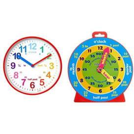 Acctim Wickford Kids Teaching Wall Clock Quartz Rainbow Dial Quarter Markers Red 20cm 22524 & Premier Stationery Clever Kidz Magnetic Clever Clock as Mentioned H2754992