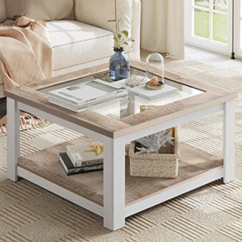 YITAHOME Square Coffee Table for Living Room,Glass Coffee Table with Storage,Modern Farmhouse Wood Center Table for Home,Grey Coffee Tables for Living Room with Open Storage Compartment