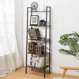 Oak & Tea Bookcase Bookshelf Ladder Shelf 5-Tier Steel Frame Industrial Style Storage Rack Organiser Standing Shelf for Office Study Living Room Bedroom 56x32x172cm