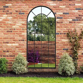 "MirrorOutlet The Arcus - Black Framed Window Modern Full Length Arched Garden Mirror 71"" X 33.5"" (180CM X 85CM) Silver Mirror Glass with Black All weather Backing."