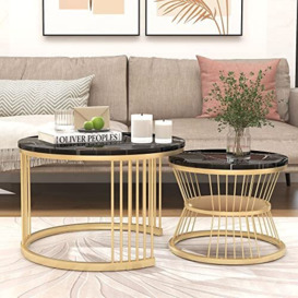 ModernLuxe Round Coffee Tables, Removable Set of 2 End Table with Gold Metal Frame Legs and Marble Pattern Top for Versatile Use in Living Room, Bedroom, Office, Balcony, Apartment-Black