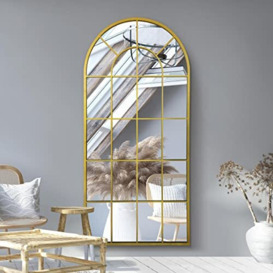 "MirrorOutlet The Arcus - Gold Framed Window Modern Full Length Arched Leaner/Wall Mirror 71"" X 33.5"" (180CM X 85CM) Silver Mirror Glass with Black All weather Backing."