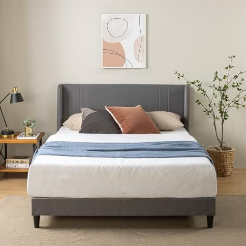 Zinus Sasha Super King Bed frame - Bed 180x200 cm - 25 cm Height - Upholstered Platform Bed frame with Wingback Headboard - Medium Grey