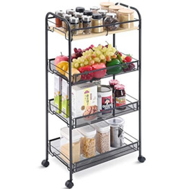 APEXCHASER 4-Tier Rolling Cart,Metal Utility Cart with Wooden Tabletop,Easy Assemble Mobile Storage Trolley On Wheels,Craft Storage Cart for Bedroom Office Kitchen Bathroom Laundry Room,Black