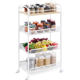 APEXCHASER 4-Tier Rolling Cart,Metal Utility Cart with Wooden Tabletop,Easy Assemble Mobile Storage Trolley On Wheels,Craft Storage Cart for Bedroom Kid's Room Office Kitchen Bathroom,White