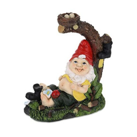 Relaxdays Garden Gnome, Leaning on Tree Trunk, Weather & Frostproof, 24 x 22 x 10 cm, Figurine, Polyresin, Multicoloured, Synthetic Resin