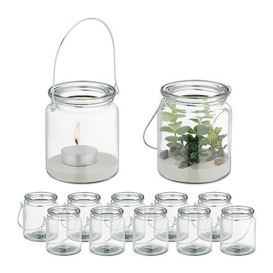 Relaxdays Candle Lanterns, Set of 12, Glass, with Handle, Tealight Holders, 9.5 x 8 cm, Indoors & Outdoors, Clear/Silver