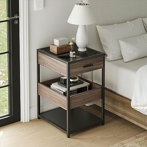 YITAHOME Black Bedside Table 3-Tier,Nightstand with Drawers,Black Tempered Glass with Metal Frame,Bedside Cabinet,Small Beside Table with Storage for Bedroom,Living Room,Hallway