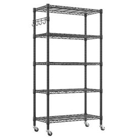 5-Wire Shelving with Wheels Metal Storage Rack Height Adjustable Shelves, Standing Storage Shelf Units for Laundry Bathroom Kitchen 76cm*35cm*158cm-Black