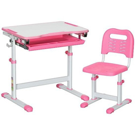 HOMCOM Kids Desk and Chair Set, Height Adjustable Student Writing Desk, Children School Study Table with Tiltable Desktop, Drawer, Pen Slot, Hook - Pink