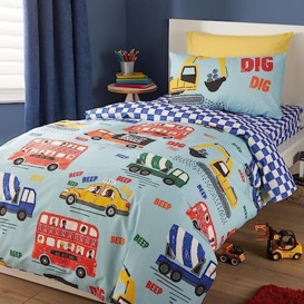 Bedlam - Cars & Buses Duvet Cover Sets - Single Bedding Size (200 x 140cm) - Cars, Trucks and Buses Bedding for Boys - Reversible Design - On The Move Collection, Blue