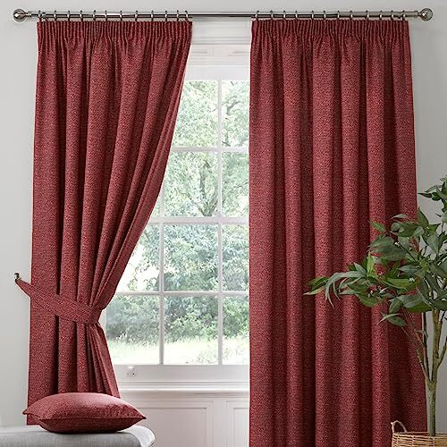 Dreams & Drapes - Red Blackout Pencil Pleat Curtains W90 x L72 (229 x 183cm) - Maroon Pleated Curtains with Ties Backs - Heavy Weight Thermal Curtains - Burgundy Curtains for Living Room & Bedroom