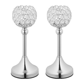 Relaxdays Candlestick Set, 2 pcs, Elegant Candle Holders with Crystal Beads, HxØ: 30x12 cm, with Shiny Metal, Silver, Iron