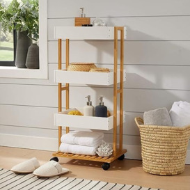 Home Source Oxford Bamboo Storage Trolley White 4 Tier Storage Shelving Unit with Wheels Kitchen Bathroom Organiser