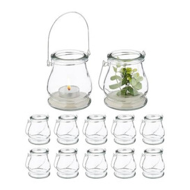 Relaxdays Candle Holders, Set of 12, Glass, with Handle, Indoor & Outdoor, Tealight Jars, HxD: 10 x 8.5 cm, Clear/Silver