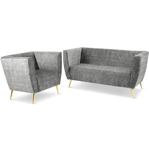Set of lounge furniture: 2 seater sofa, armchair with gold-coloured legs grey - in velour fabric, with metal legs for easy assembly, with soft filling - armchair and sofa for living room, office