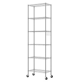 BATHWA Adjustable 6-Tier Wire Shelving Unit with Side Hooks and Industrial Wheels, Heavy Duty Storage Shelves for Kitchen, Garage, Living Room, Metal Racks,29*54*175cm