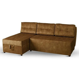 postergaleria Corner sofa with 2 bedding bins 196x145 cm brown - corner sofa bed left, sleeping surface 196x140 cm, in velour fabric - 3 seater sofa, for living room, guest room