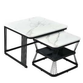 Merax ModernLuxe 2-in-1 Coffee, Square Nest, Multi-Functional Side Table with Black Metal Frame Legs and Marble Pattern White Top, 65 x 65 x 45cm