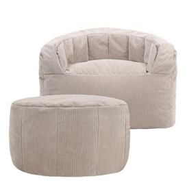 icon Clara Bean Bag Tub Chair, Luxury Cord Adult Bean Bag, Large Bean Bags with Filling Included, Living Room Bean Bags (Natural, Bean Bag + Footstool)