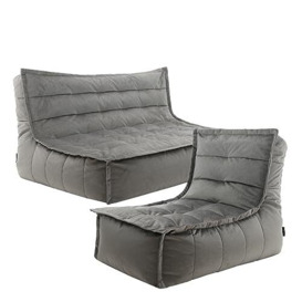 icon Kota Bean Bag Sofa and Dolce Bean Bag Chair, Charcoal Grey, Velvet 2 Seater Sofa and Grey Bean Bag Chair ideal for Living Room