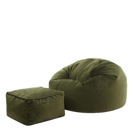 icon Aurora Velvet Bean Bag Chair and Footstool, Olive, Large Lounge Chair Bean Bags for Adult with Filling Included, Velvet Adults Beanbag, Boho Room Decor Living Room Furniture Bean Bag Chairs