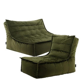 icon Kota Bean Bag Sofa and Dolce Bean Bag Chair, Olive Green, Velvet 2 Seater Sofa and Bean Bag Chair ideal for Living Room