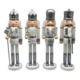SHATCHI 36cm Silver/White Wooden Christmas Nutcrackers - 4pcs Set - Soldiers King Drummer Puppet Figurines Home Decoration Ornament