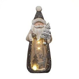 SHATCHI 46cm Santa with Forest Scene Figurine Wood Effect Christmas Resin Battery Operated LEDs Sculpture Home Table Mantelpeice Decorations