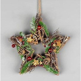 SHATCHI Prelit Battery Operated Christmas Home Hanging Wooden Twigs Base Decorated with Red Baubles,Berries, Foliage,Pine Cones, Micro Rice LED Lights, Wood, Bronz Stars, Star-35cm