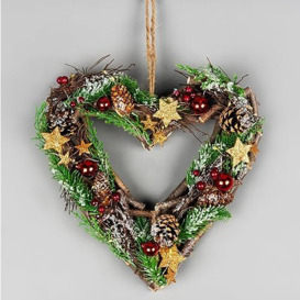 30cm Prelit Heart Wreath Battery Operated - Wooden Twigs Base Decorated with Red Baubles,Berries,Stars,Foliage,Pine Cones, Micro Rice LED Lights - Christmas Home Hanging Decoration
