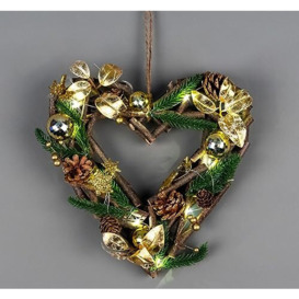 30cm Prelit Heart Wreath Battery Operated - Wooden Twigs Base Decorated with Golden Baubles,Berries,Leaves,Stars,Foliage,Pine Cones, Micro Rice LED Lights - Christmas Home Hanging Decoration