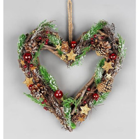 35cm Prelit Heart Wreath Battery Operated - Wooden Twigs Base Decorated with Red Baubles,Berries,Stars,Foliage,Pine Cones, Micro Rice LED Lights - Christmas Home Hanging Decoration