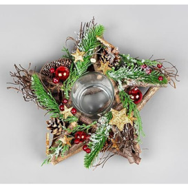 22cm Star Tealight Votive Candle Holder - Wooden Twigs Base Decorated with Red Baubles,Berries,Bronze Stars,Foliage,Pine Cones - Christmas Home Table Decoration